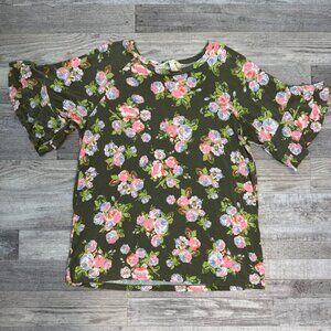 Matilda Jane Green Floral Ruffle Sleeve Knit Women's Top O9
